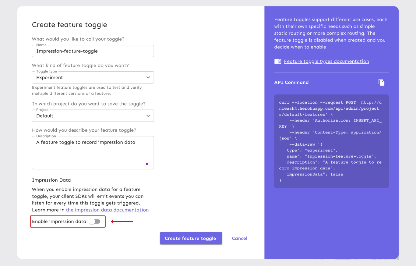 The create feature toggle form. There&#39;s a toggle at the end of the form that enables or disables impression data. It&#39;s labeled &quot;impression data&quot;.