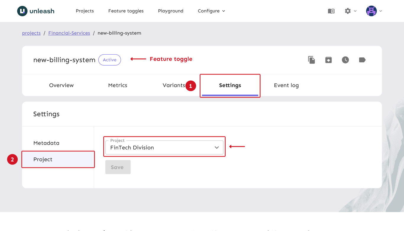 A feature toggle&#39;s settings tab. The project setting shows a dropdown to change projects.